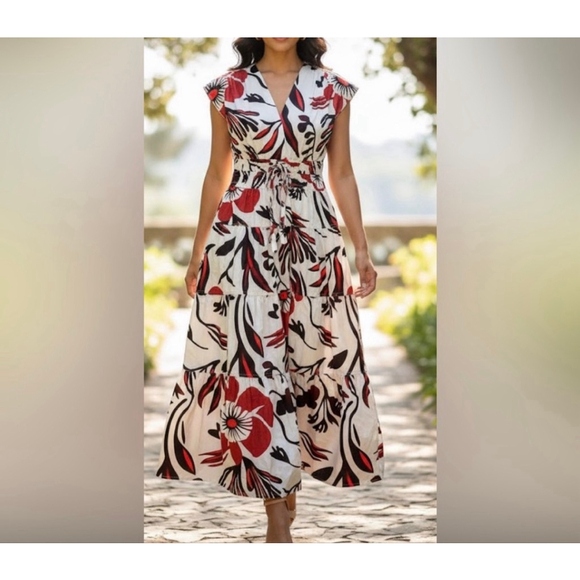 NWT Nicole Miller Red & Black Abstract Floral Leaf Cap Sleeve Maxi Dress  Size M